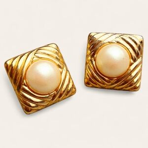 Vintage Square Posts Elegant Gold and Cream Earrings Faux Pearl